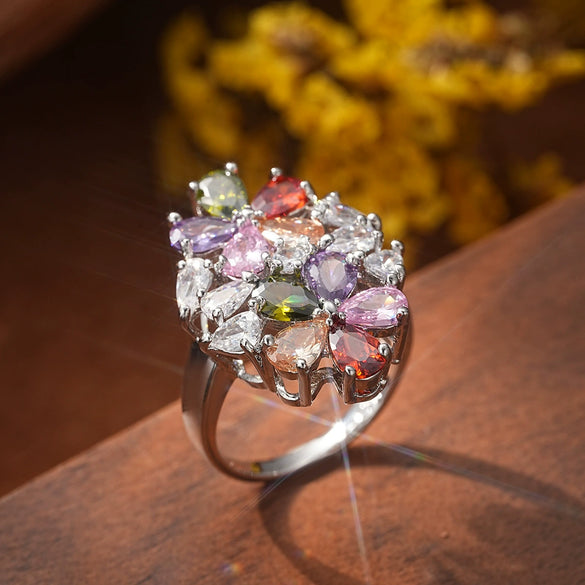 Light Luxury Colorful Zirconium Flowershaped Copper Ring For Women With Electroplating Treatment