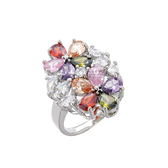 Light Luxury Colorful Zirconium Flowershaped Copper Ring For Women With Electroplating Treatment