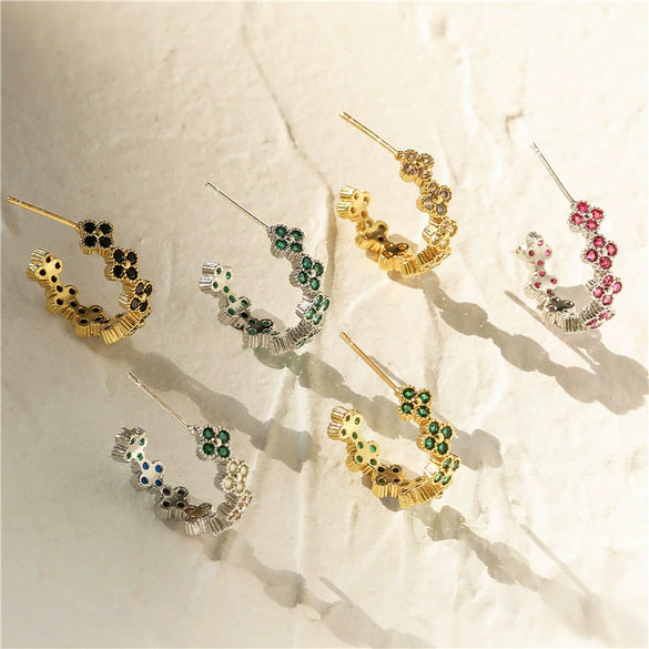 Light Luxury Copper Fourleaf Clover Flower Petal Earrings Inlaid Zircon For Women