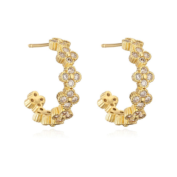 Light Luxury Copper Fourleaf Clover Flower Petal Earrings Inlaid Zircon For Women