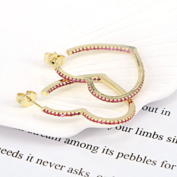 Light Luxury Copper Heart Shaped Earrings With Micro Inlaid Zircon And Gold Tone Diamond Style Design