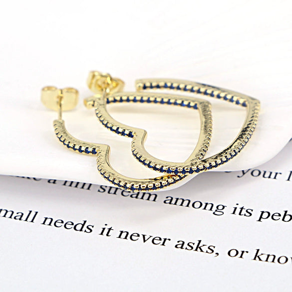 Light Luxury Copper Heart Shaped Earrings With Micro Inlaid Zircon And Gold Tone Diamond Style Design