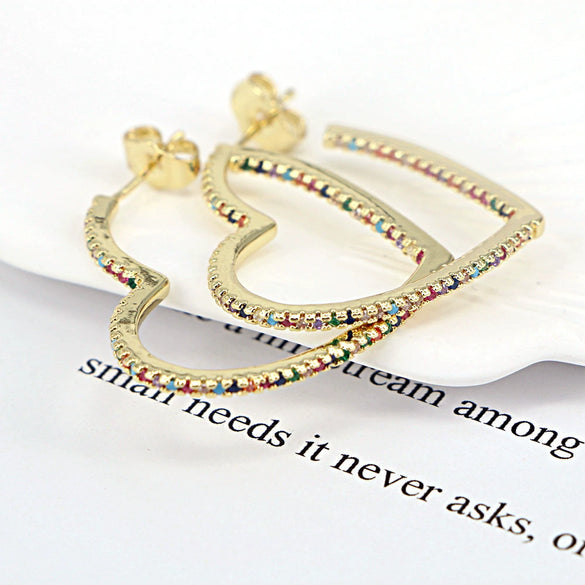 Light Luxury Copper Heart Shaped Earrings With Micro Inlaid Zircon And Gold Tone Diamond Style Design