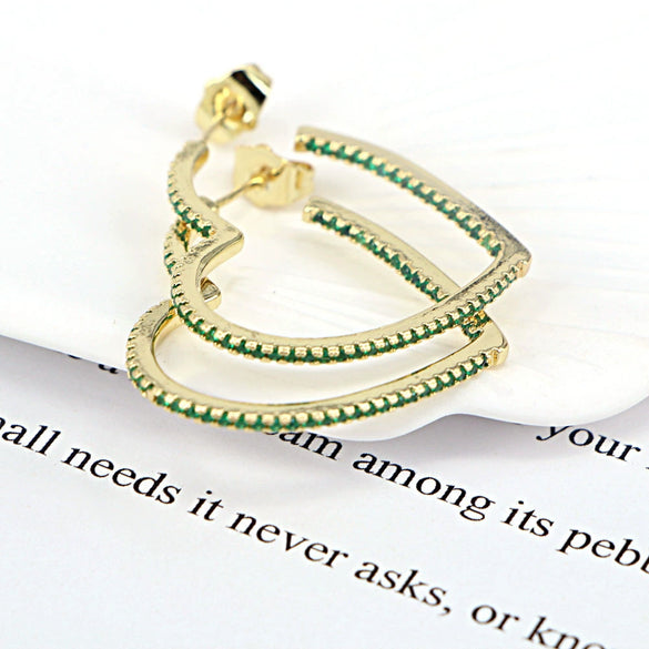 Light Luxury Copper Heart Shaped Earrings With Micro Inlaid Zircon And Gold Tone Diamond Style Design