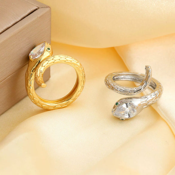 Light Luxury Copper Inlaid Zircon Snake Zodiac Open Ring Minimalist Animal Style Electroplated Women's Fashion Jewelry