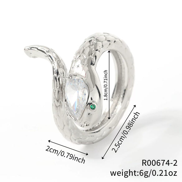 Light Luxury Copper Inlaid Zircon Snake Zodiac Open Ring Minimalist Animal Style Electroplated Women's Fashion Jewelry