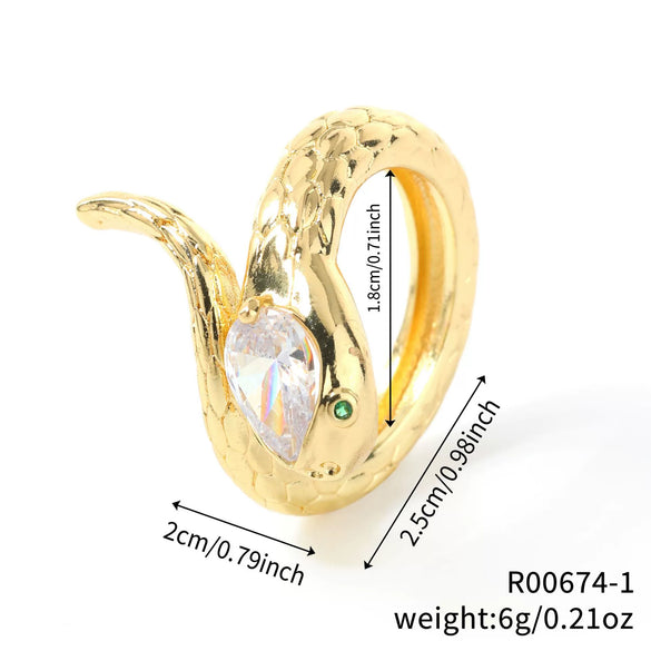 Light Luxury Copper Inlaid Zircon Snake Zodiac Open Ring Minimalist Animal Style Electroplated Women's Fashion Jewelry