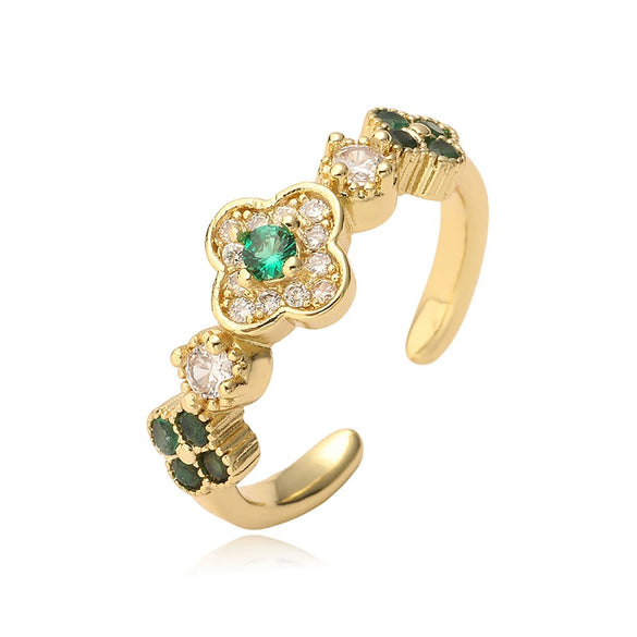 Light Luxury Copper Inlaid Zirconia Four Leaf Clover Flower Petal Opening Adjustable Women's Ring