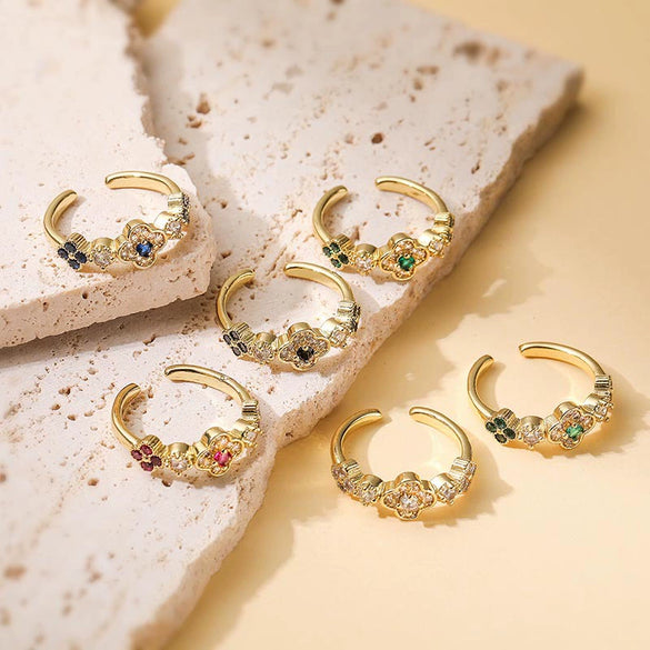 Light Luxury Copper Inlaid Zirconia Four Leaf Clover Flower Petal Opening Adjustable Women's Ring
