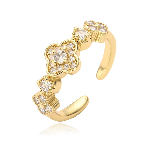 Light Luxury Copper Inlaid Zirconia Four Leaf Clover Flower Petal Opening Adjustable Women's Ring