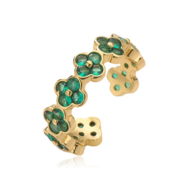Light Luxury Copper Insert Zirconia Four Leaf Clover Opening Adjustable Ladies Ring With Geometric Pattern