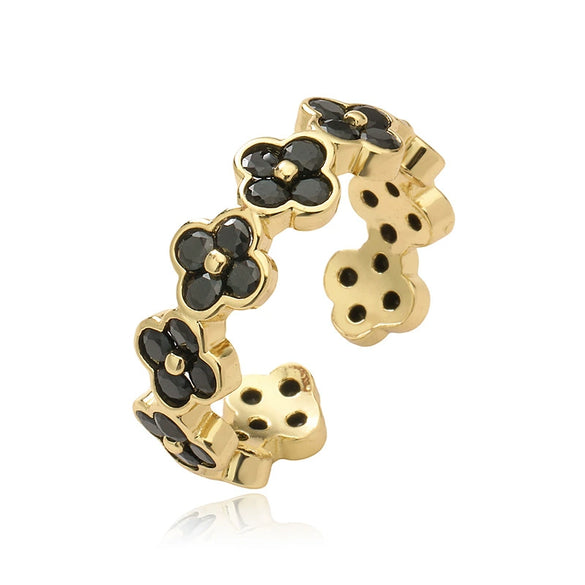 Light Luxury Copper Insert Zirconia Four Leaf Clover Opening Adjustable Ladies Ring With Geometric Pattern