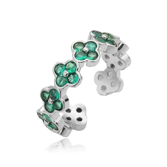 Light Luxury Copper Insert Zirconia Four Leaf Clover Opening Adjustable Ladies Ring With Geometric Pattern