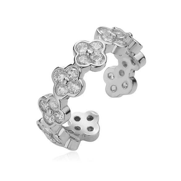 Light Luxury Copper Insert Zirconia Four Leaf Clover Opening Adjustable Ladies Ring With Geometric Pattern