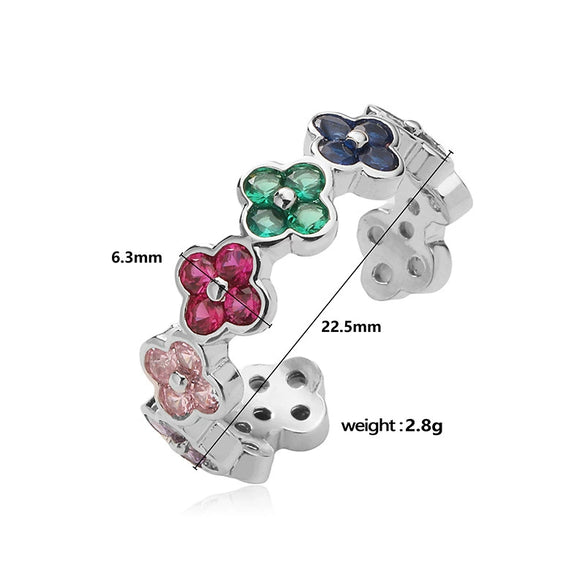 Light Luxury Copper Insert Zirconia Four Leaf Clover Opening Adjustable Ladies Ring With Geometric Pattern