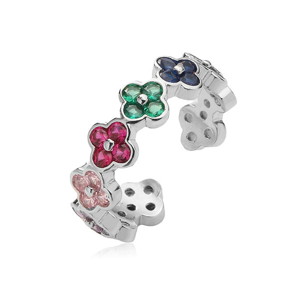 Light Luxury Copper Insert Zirconia Four Leaf Clover Opening Adjustable Ladies Ring With Geometric Pattern