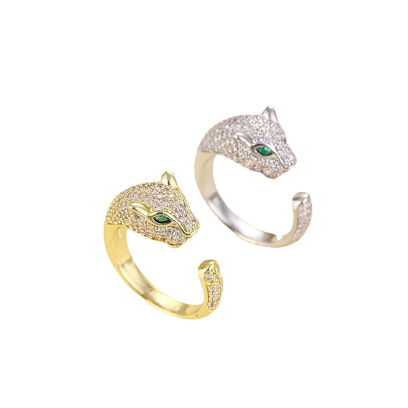 Light Luxury Copper Leopard Head Open Ring With Micro Inlaid Zircon Electroplated Retro Animal Design For Unisex