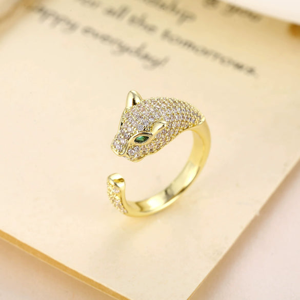 Light Luxury Copper Leopard Head Open Ring With Micro Inlaid Zircon Electroplated Retro Animal Design For Unisex