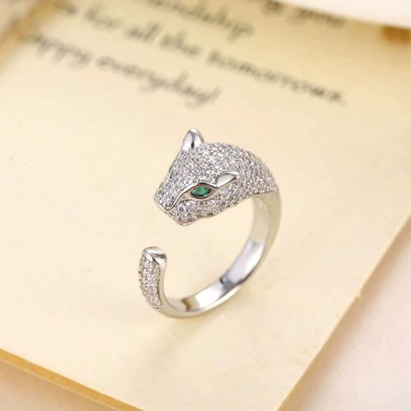 Light Luxury Copper Leopard Head Open Ring With Micro Inlaid Zircon Electroplated Retro Animal Design For Unisex