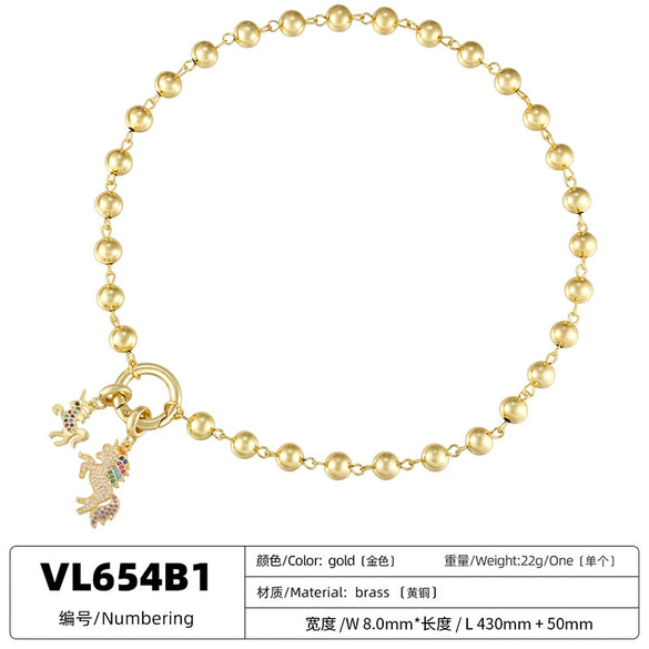 Light Luxury Copper Necklace With Colored Diamond Inlay Animal And Geometric Patterns Round Buckle Design