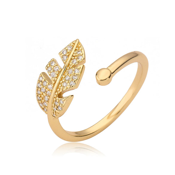 Light Luxury Copper Plated 18K Gold Zircon Love Leaf Opening Ring For Women With Geometric Pattern