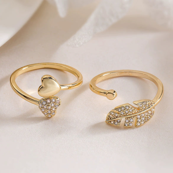 Light Luxury Copper Plated 18K Gold Zircon Love Leaf Opening Ring For Women With Geometric Pattern
