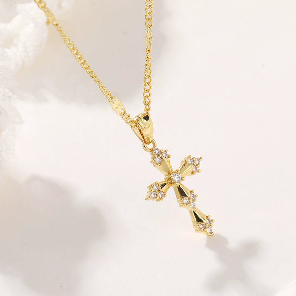 Light Luxury Copper Plated Real Gold Zircon Cross Pendant Women's Necklace