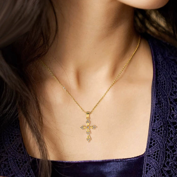 Light Luxury Copper Plated Real Gold Zircon Cross Pendant Women's Necklace