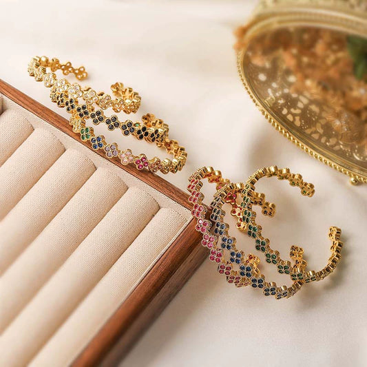 Light Luxury Copper Zirconia Four Leaf Clover Opening Adjustable Women's Bracelet