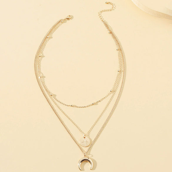 Light Luxury Design Three Layer Eight Mans Star Crescent Alloy Necklace For Women With Electroplating And Water Wave Chain