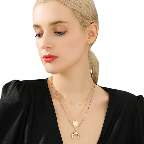 Light Luxury Design Three Layer Eight Mans Star Crescent Alloy Necklace For Women With Electroplating And Water Wave Chain