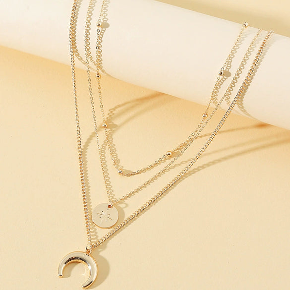 Light Luxury Design Three Layer Eight Mans Star Crescent Alloy Necklace For Women With Electroplating And Water Wave Chain