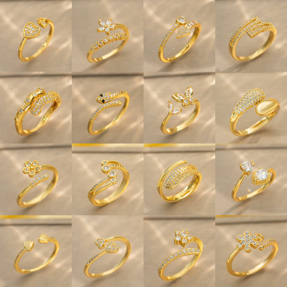Light Luxury Design Women's Opening Adjustable Copper Ring With Full Diamond Inlaid Zircon Electroplated Heart Shape And Geometric Animal Zodiac Pattern