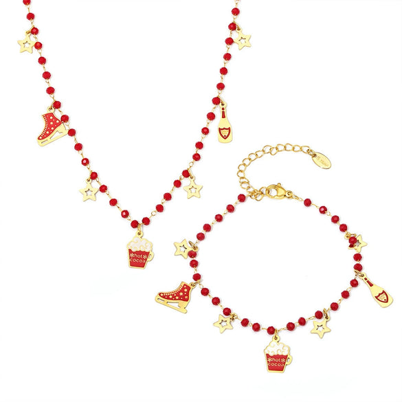 Light Luxury Electroplated Garnet Beaded Geometric Stainless Steel Jewelry Set For Women With Necklace And Earrings