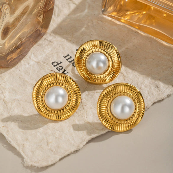 Light Luxury Elegant Lace Pearl Stainless Steel Jewelry Earrings And Ring With Geometric Pattern Electroplating