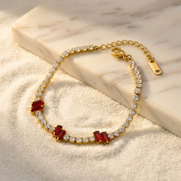Light Luxury Elegant Red Zircon Embellished Titanium Steel Electroplated Stackable Commuter Bracelet Unisex
