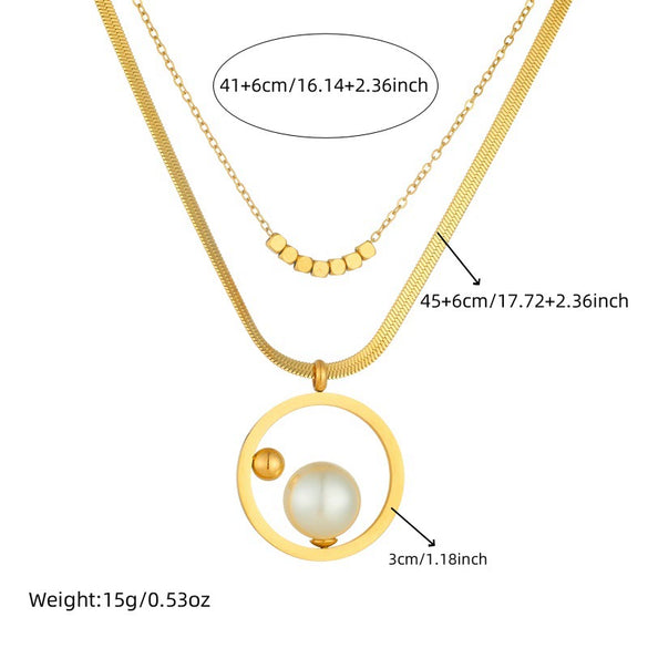 Light Luxury Elegant Round Pearl Stainless Steel Snake Bone Chain Double Layer Overlapping Necklace Earrings Ring Set With Electroplating For Women