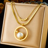 Light Luxury Elegant Round Pearl Stainless Steel Snake Bone Chain Double Layer Overlapping Necklace Earrings Ring Set With Electroplating For Women