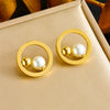 Light Luxury Elegant Round Pearl Stainless Steel Snake Bone Chain Double Layer Overlapping Necklace Earrings Ring Set With Electroplating For Women