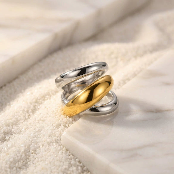 Light Luxury Exaggerated Style Geometric Titanium Steel Electroplated Women's Rings With Double Ring Cross Design For Stacking And Pairing