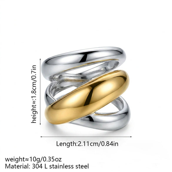 Light Luxury Exaggerated Style Geometric Titanium Steel Electroplated Women's Rings With Double Ring Cross Design For Stacking And Pairing