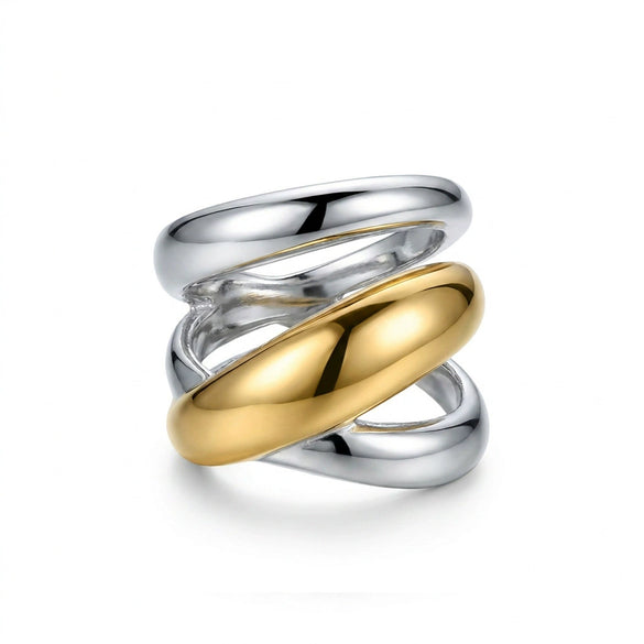 Light Luxury Exaggerated Style Geometric Titanium Steel Electroplated Women's Rings With Double Ring Cross Design For Stacking And Pairing