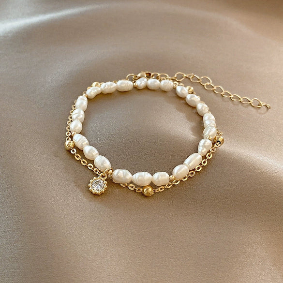 Light Luxury Fashionable Temperament Allmatch Simple Geometric Pearl Bracelet Made Of Copper With Electroplating For Women