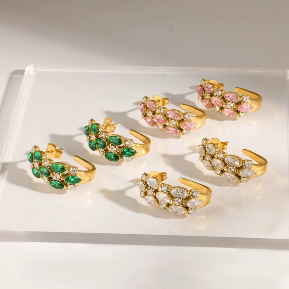 Light Luxury Geometric C Shaped Stainless Steel Earrings For Women With Colored Stone Inlay And Pvd Real Gold Plated Hook Design