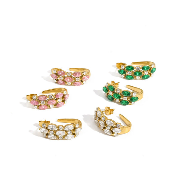 Light Luxury Geometric C Shaped Stainless Steel Earrings For Women With Colored Stone Inlay And Pvd Real Gold Plated Hook Design