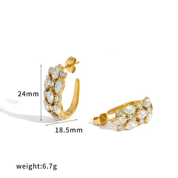 Light Luxury Geometric C Shaped Stainless Steel Earrings For Women With Colored Stone Inlay And Pvd Real Gold Plated Hook Design