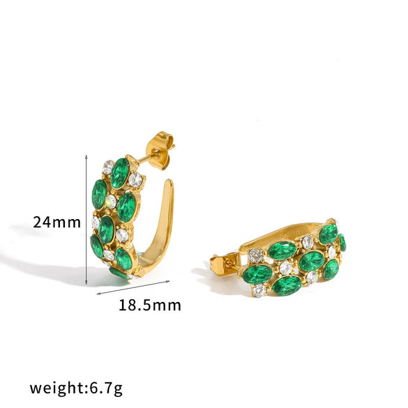 Light Luxury Geometric C Shaped Stainless Steel Earrings For Women With Colored Stone Inlay And Pvd Real Gold Plated Hook Design