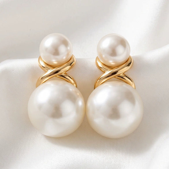 Light Luxury Geometric Double Pearl Drop Earrings With Electroplated Alloy Design And Stainless Steel Posts For Women