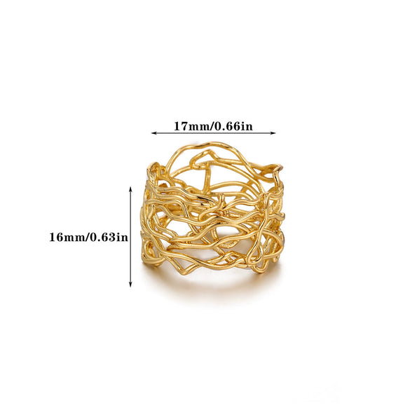 Light Luxury Geometric Irregular Lines Hollow Wide Ring Inlaid With Gold Stainless Steel Ring For Women