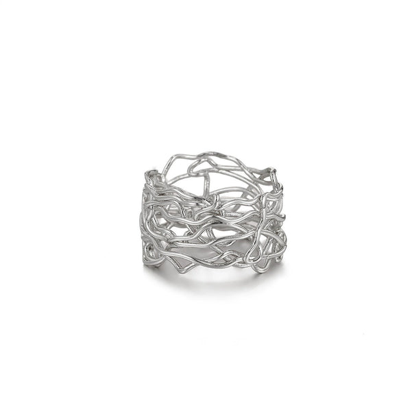 Light Luxury Geometric Irregular Lines Hollow Wide Ring Inlaid With Gold Stainless Steel Ring For Women